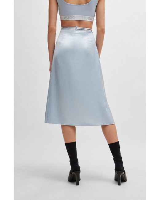 HUGO Blue Tie-waist Knee-length Wrap Skirt In Satin