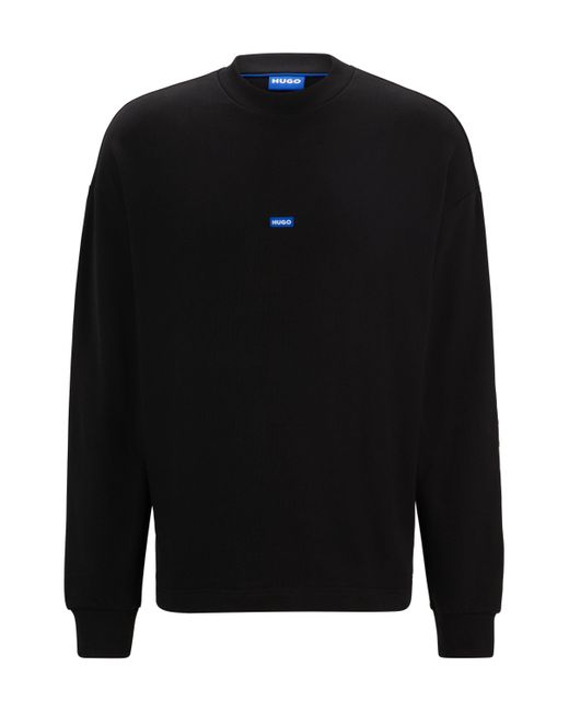 HUGO Black Cotton-terry Sweatshirt With Blue Logo Label for men