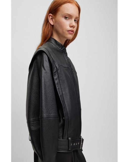HUGO Oversized fit Leather Jacket With Zip off Sleeves in Black Lyst UK