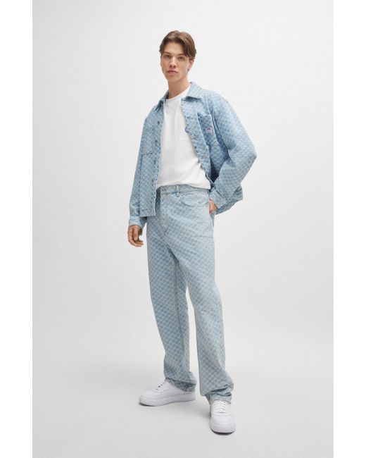 HUGO Baggy-fit Jeans Van Denim Met Damborddessin in het Blue voor heren