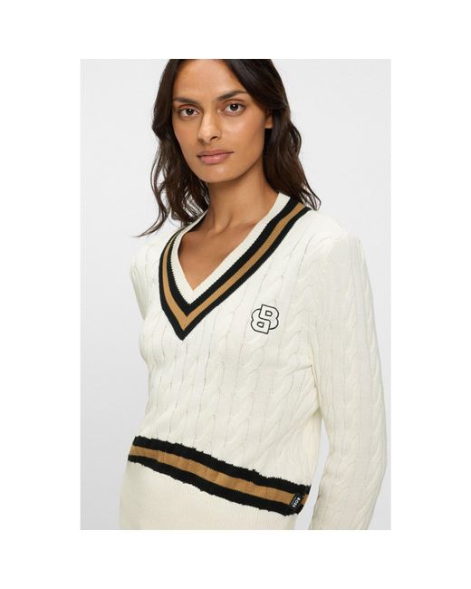 Boss White Equestrian Cotton Sweater With Cable-Knit Structure
