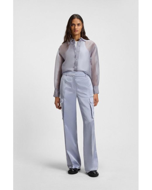 Boss Gray Bluse Aus Seiden-Organza Mit Langen Ärmeln