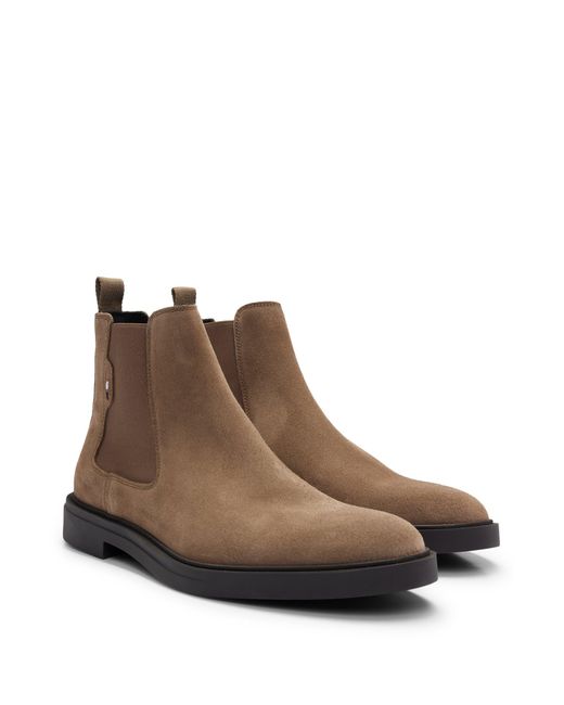 Boss Brown Suede Chelsea Boots With Signature-stripe Detail for men
