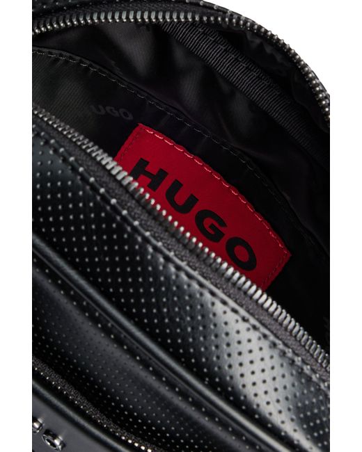 HUGO Black Logo-lettering Mini Reporter Bag In Perforated Faux Leather for men