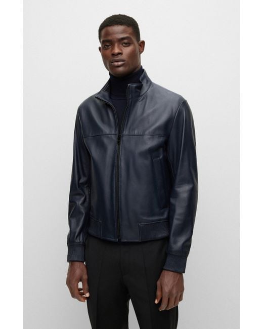 BOSS Bomber Jacket In Nappa Leather in Blue for Men | Lyst