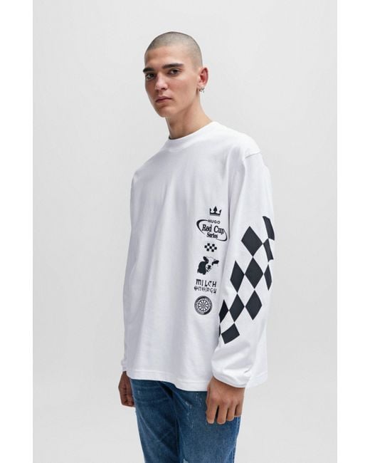 HUGO White Cotton-jersey T-shirt With Racing-inspired Prints for men