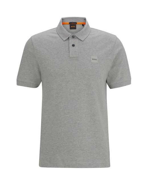 Boss Gray Stretch-cotton Slim-fit Polo Shirt With Logo Patch for men