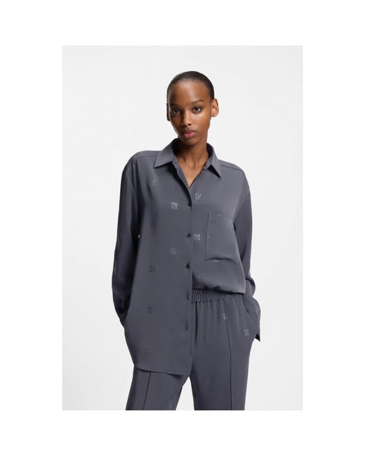 HUGO Gray Oversized-Fit Blouse With Stacked Logos