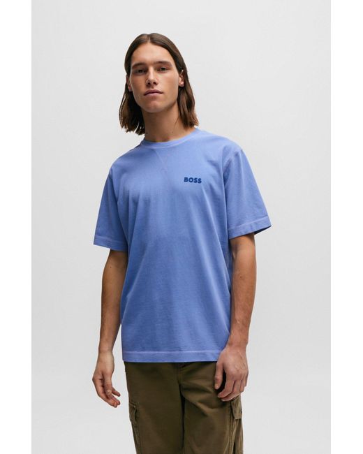 Boss Blue Garment-dyed T-shirt In Cotton With Logo Detail for men