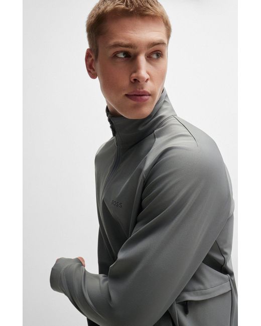 Boss Gray Zip-up Sweatshirt With Decorative Reflective Logo for men