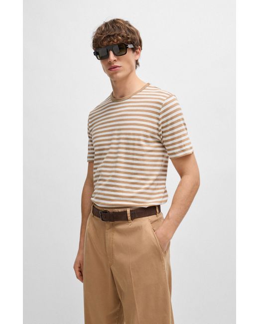 Boss Natural Horizontal-stripe T-shirt In Cotton And Linen for men