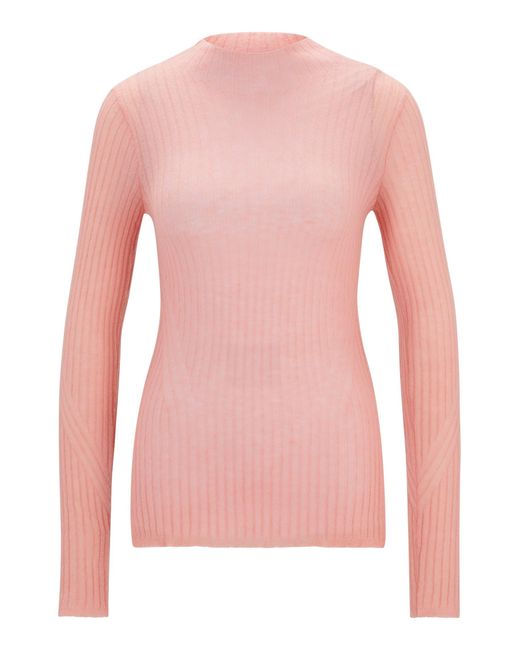 Boss Pink Wool-blend Slim-fit Sweater With Side Slits