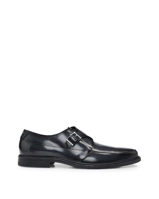HUGO Black Leather Monk Shoes With Stacked-logo Trim for men