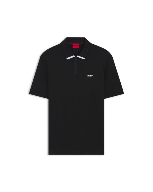 HUGO Black Cotton Piqué Polo Shirt With Zip Neckline for men