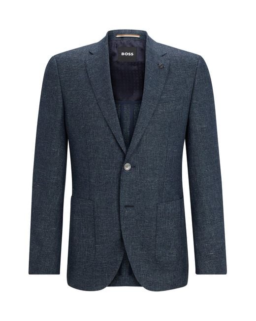 Boss Blue Regular-fit Jacket In Micro-patterned Wool And Linen for men