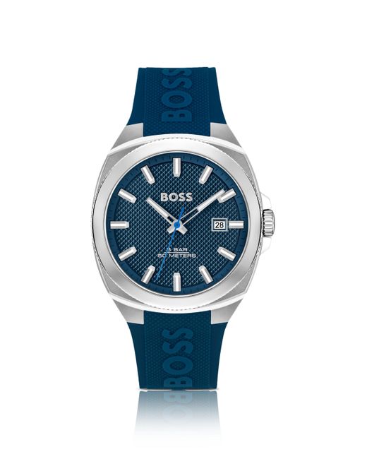 Boss Uhr mit Logo-Silikonarmband und blauem Guilloche-Zifferblatt in Blue für Herren