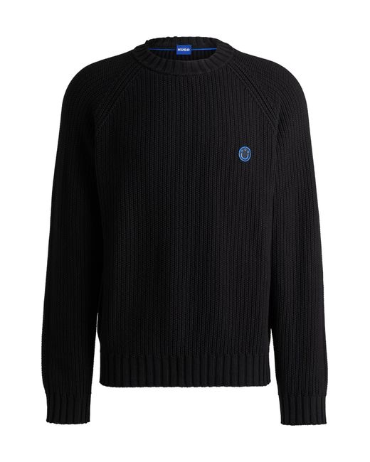HUGO Black Ribbed-cotton Sweater With Logo Badge for men