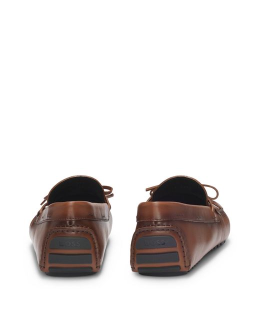 Boss Brown Leather Moccasins With Driver Sole And Logo for men