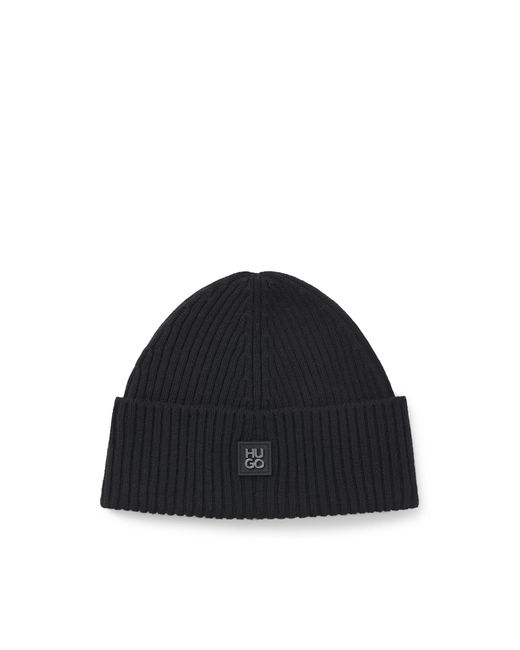 HUGO Black Virgin-Wool Beanie Hat With Stacked Logo for men