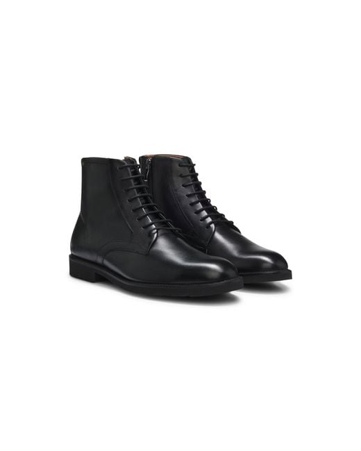 HUGO Black Lace-Up Leather Boots With Side Zip for men