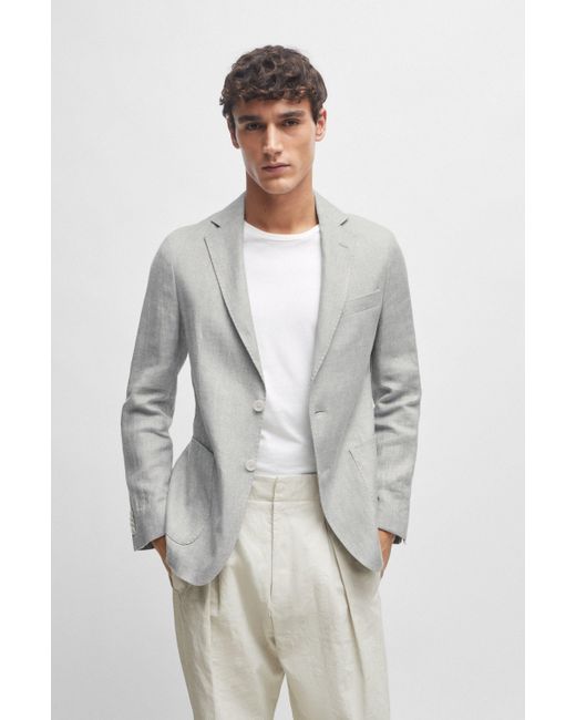 Boss Gray Slim-fit Jacket In A Micro-patterned Linen Blend for men