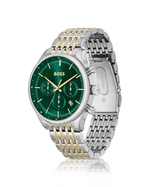 Montre chronographe à cadran vert et bracelet bicolore à maillons Boss pour homme en coloris Green