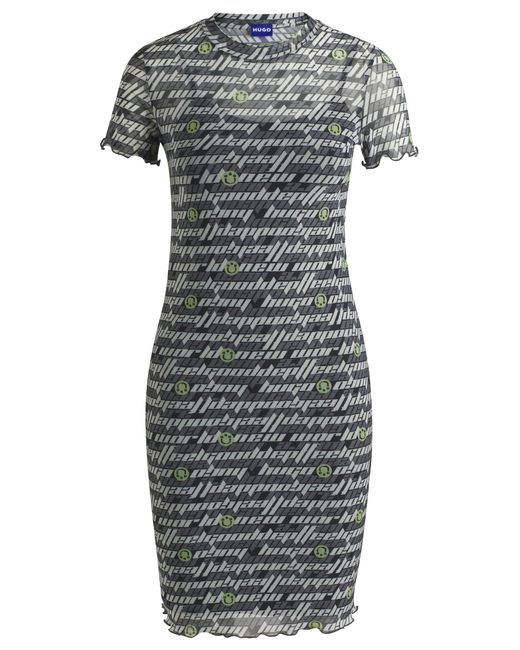 HUGO Gray Bodycon-Kleid Aus Stretch-Mesh Mit Digital-Print
