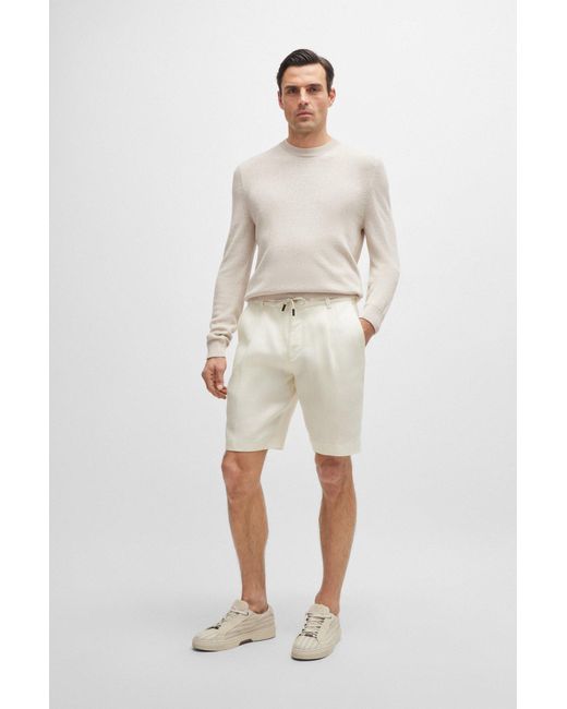 Boss Natural Herringbone-linen Shorts With Front Pleats And Drawcord for men