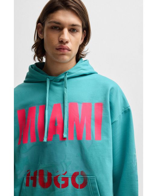 HUGO Green Cotton-terry Hoodie With Miami Print for men