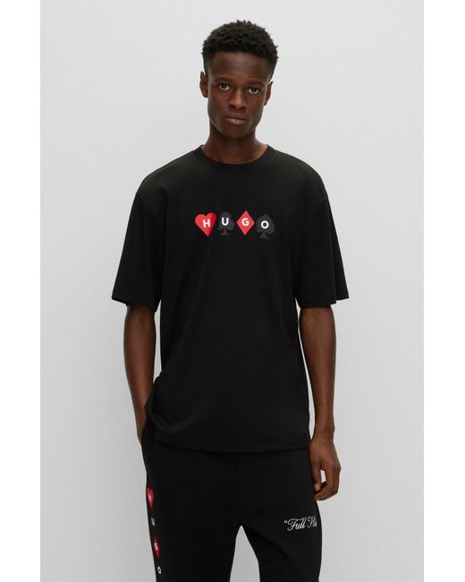 HUGO Black Cotton-jersey T-shirt With Playing-cards Logo for men
