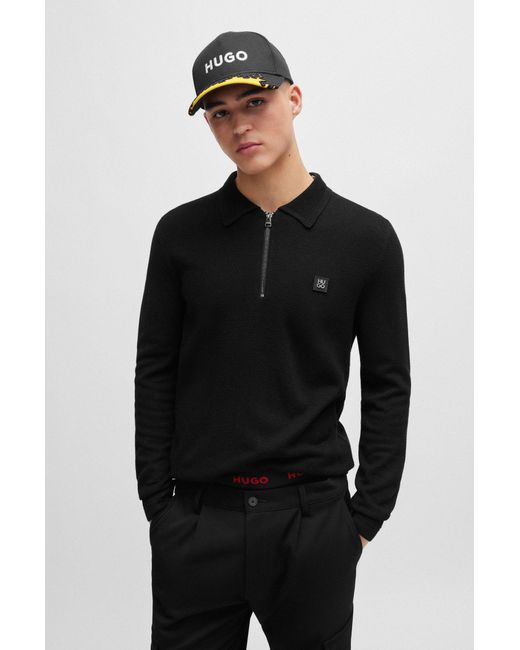 HUGO Black Zip-neck Polo Sweater With Stacked-logo Badge for men