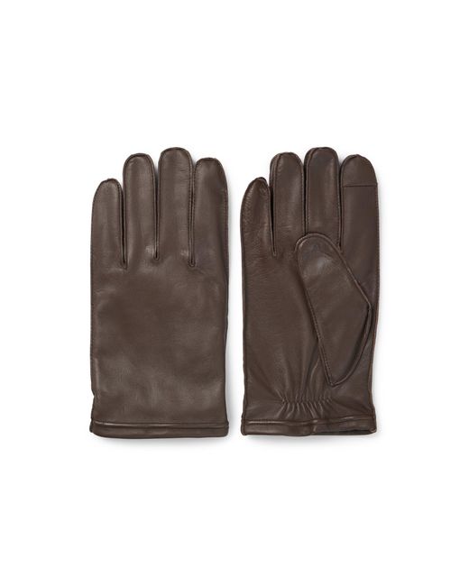 Boss Brown Grained-Leather Gloves With Wool Lining And Metallic Logo for men