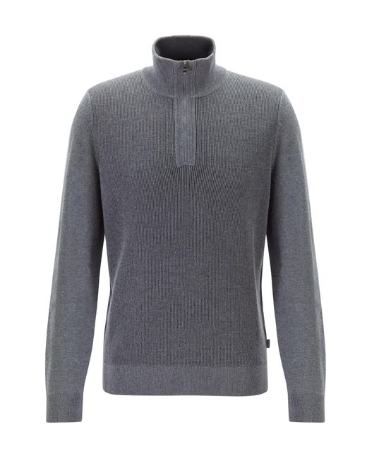 BOSS Regular-fit Sweater In Virgin Wool With Zipper Neck in Grey (Gray ...
