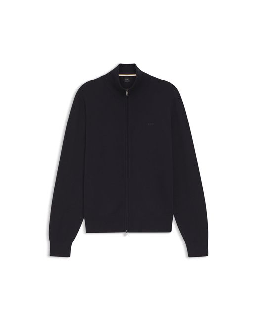 Boss Blue Knitted-Cotton Cardigan With Embroidered Logo for men