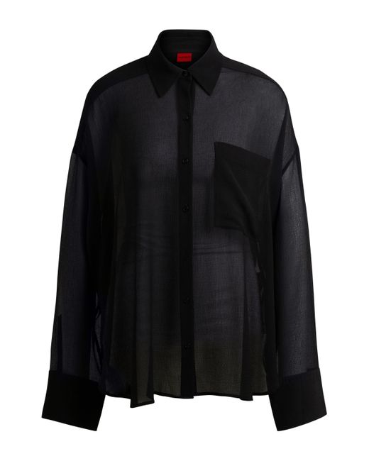 HUGO Black Oversize-fit Blouse In Sheer Seersucker With Point Collar