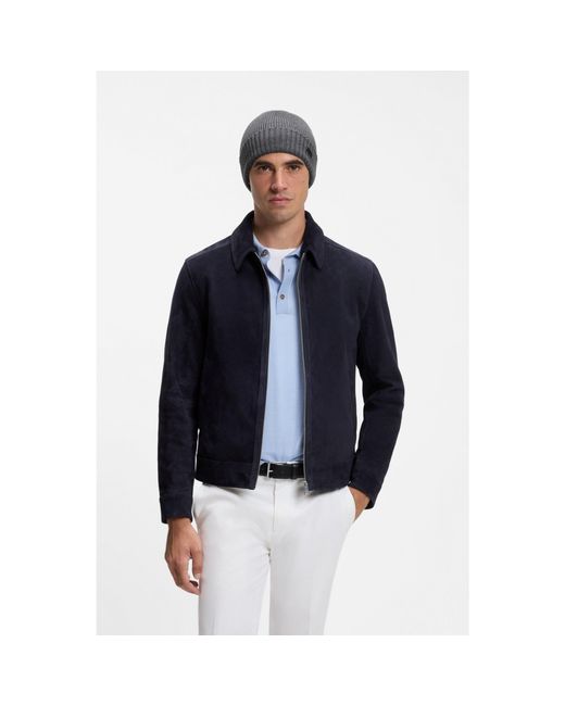 Boss Gray Rib-Knit Virgin-Wool Beanie With Logo Plaque for men