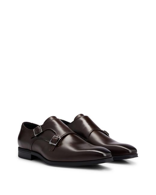 Boss Brown Double-monk Shoes In Smooth Leather for men