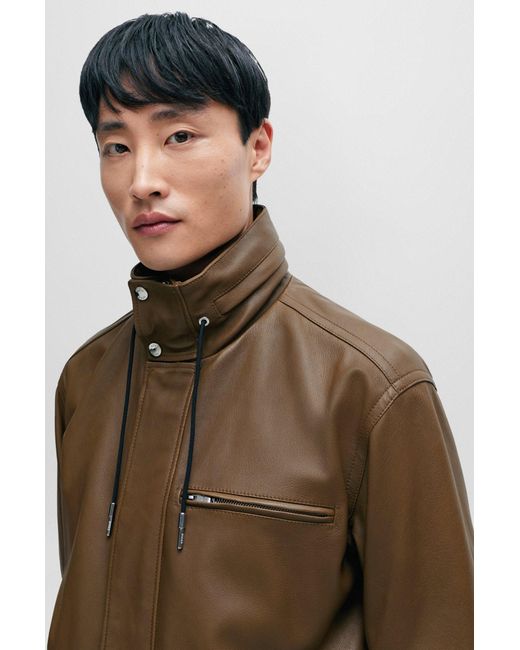 Boss Brown Relaxed-fit Jacket In Lamb Leather With Inside Pockets for men