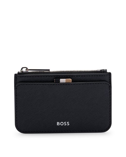Boss Black Structured Card Holder With Zipped Coin Pocket for men