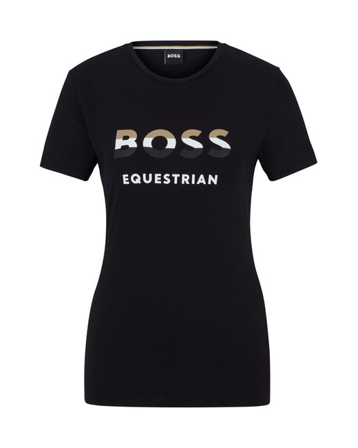 Boss Blue Equestrian Stretch-cotton T-shirt With Logo Details