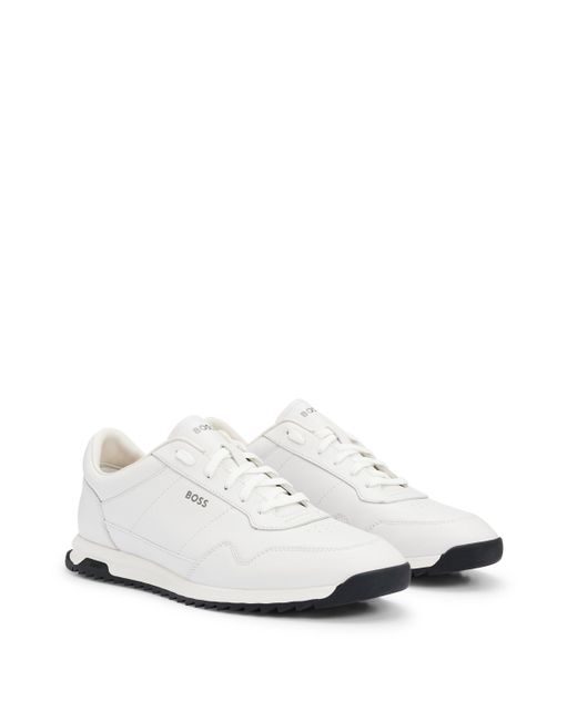 Boss White Leather Trainers With Knurled Sole And Signature Details for men