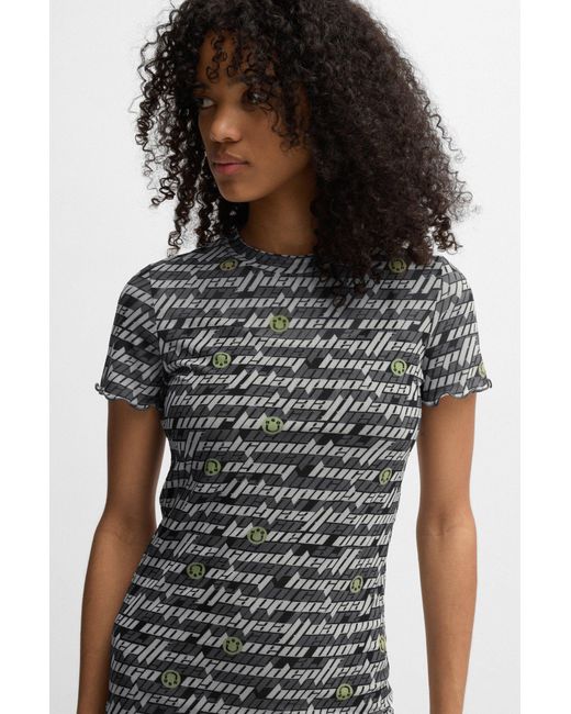 HUGO Gray Bodycon-Kleid Aus Stretch-Mesh Mit Digital-Print