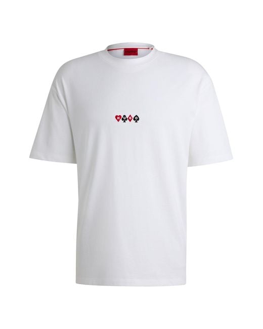HUGO White Cotton-jersey T-shirt With Playing-cards Artwork for men