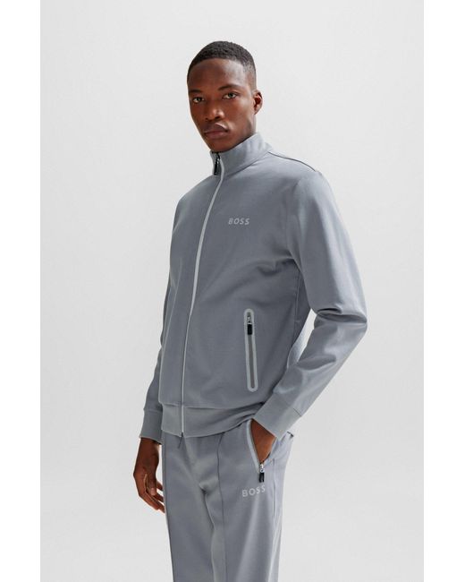 Boss Gray Cotton-blend Zip-up Sweatshirt With Pixelated Details for men