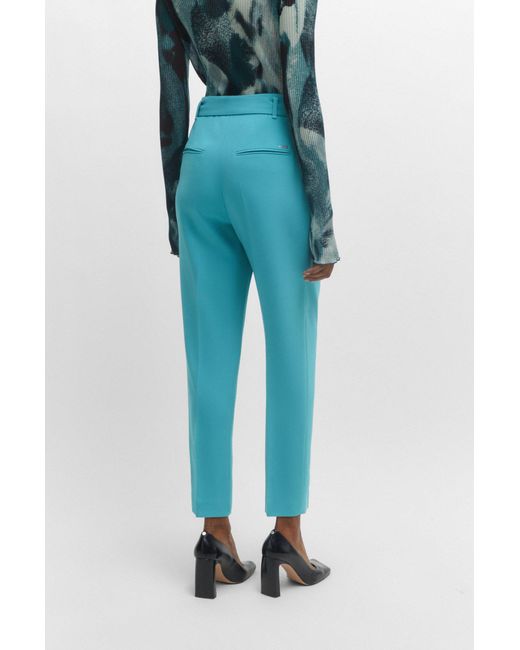 Boss Blue Regular-fit Cropped Trousers In Crease-resistant Crepe
