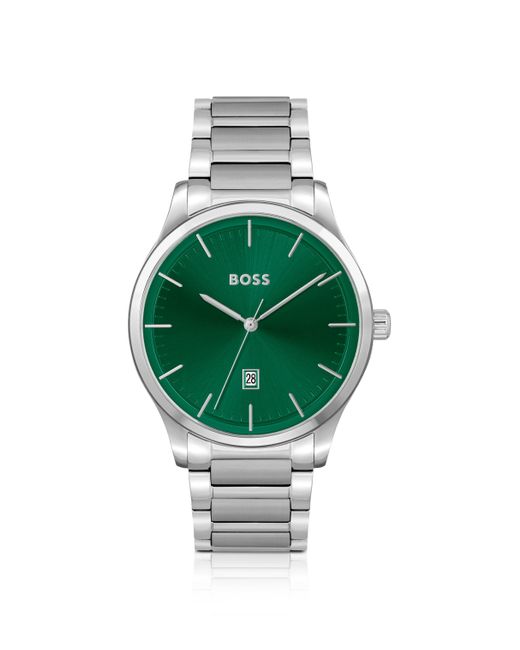 Boss Uhr mit silberfarbenem Gliederarmband und grünem Zifferblatt in Green für Herren