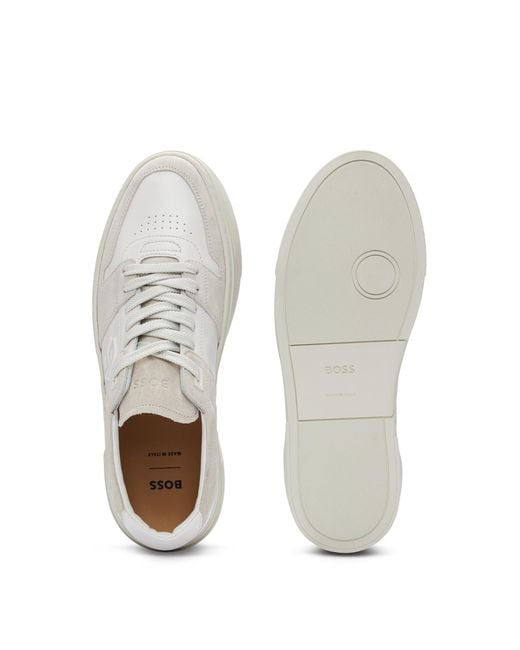 Boss White Leather Lace-up Trainers With Suede Trims