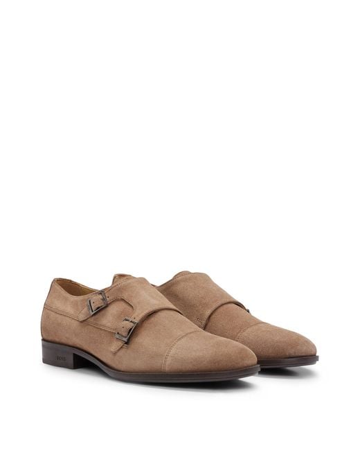Boss Brown Double-monk Shoes In Suede for men