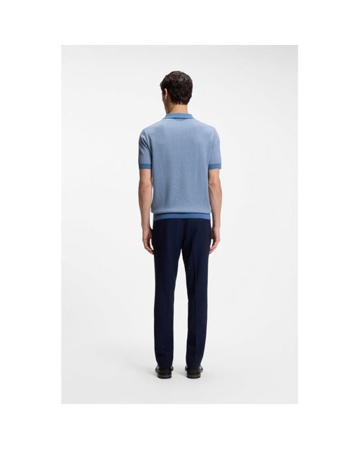Boss Blue Cotton-Silk Knit Polo With Geometric Pattern for men