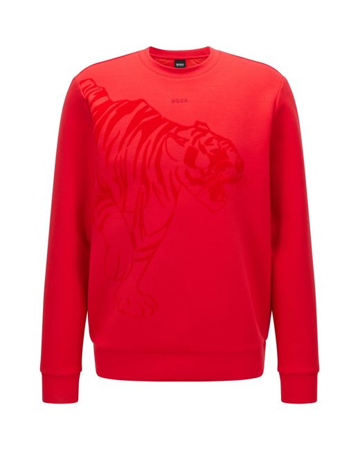 BOSS by Hugo Boss Red Relaxed-fit Jersey Sweatshirt With Flock-print Tiger Artwork for men